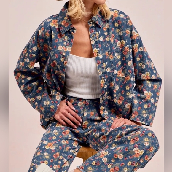 BiBi Jackets & Blazers - BiBi Washed Florla Print Denim Jacket